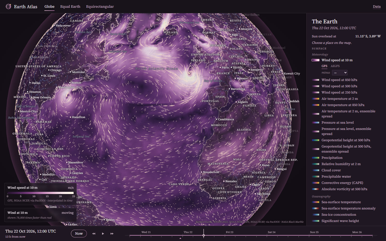 Wind at 10 m over the North Atlantic on the globe, with moving particles