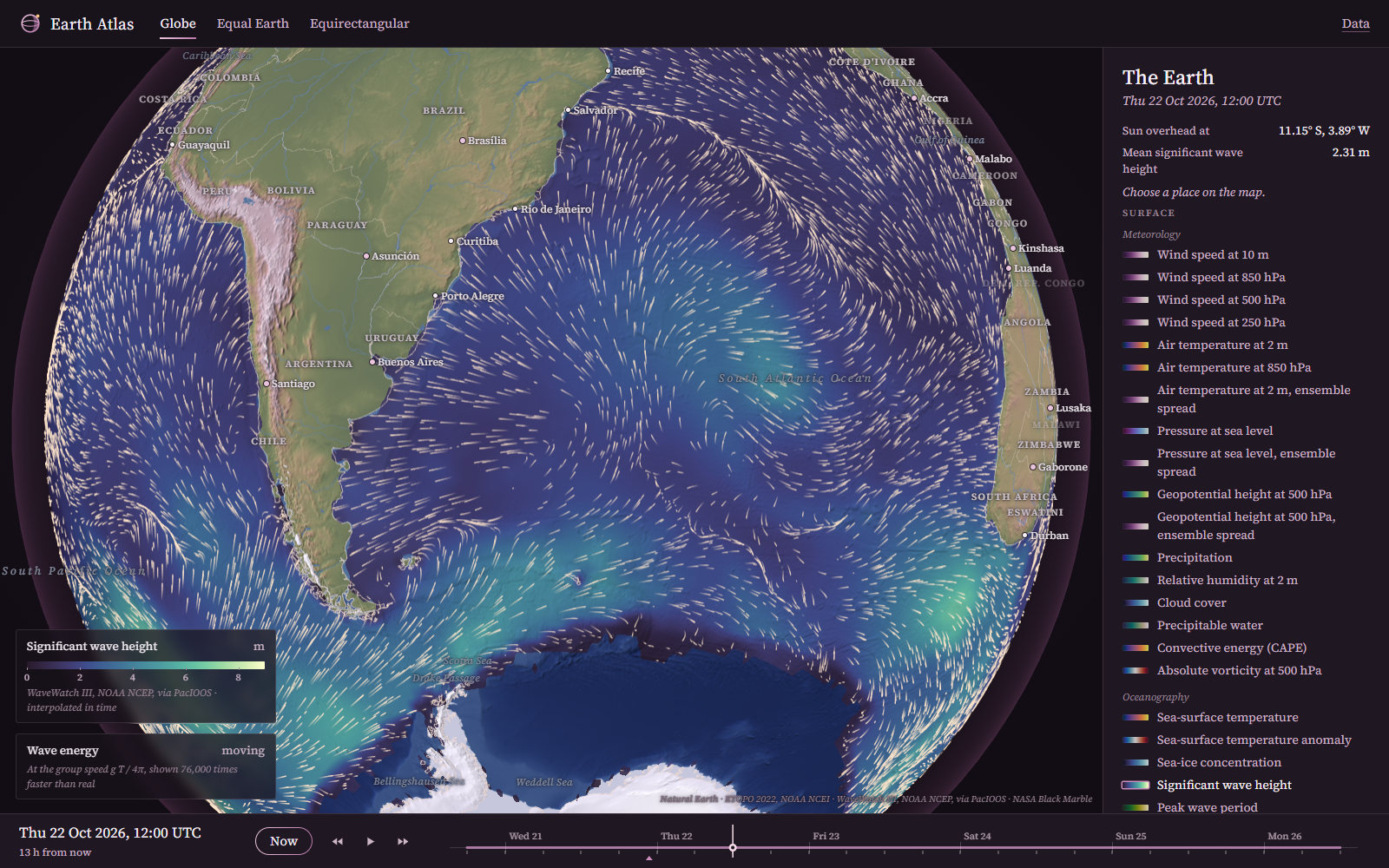 Significant wave height over the South Atlantic, with wave energy as particles