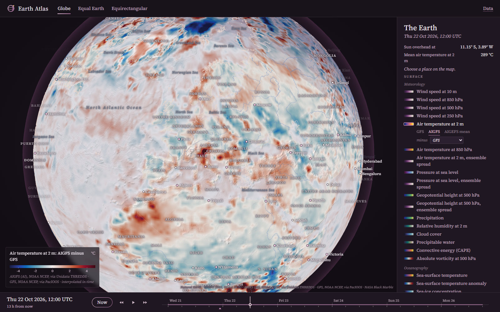 AIGFS minus GFS, air temperature at 2 m