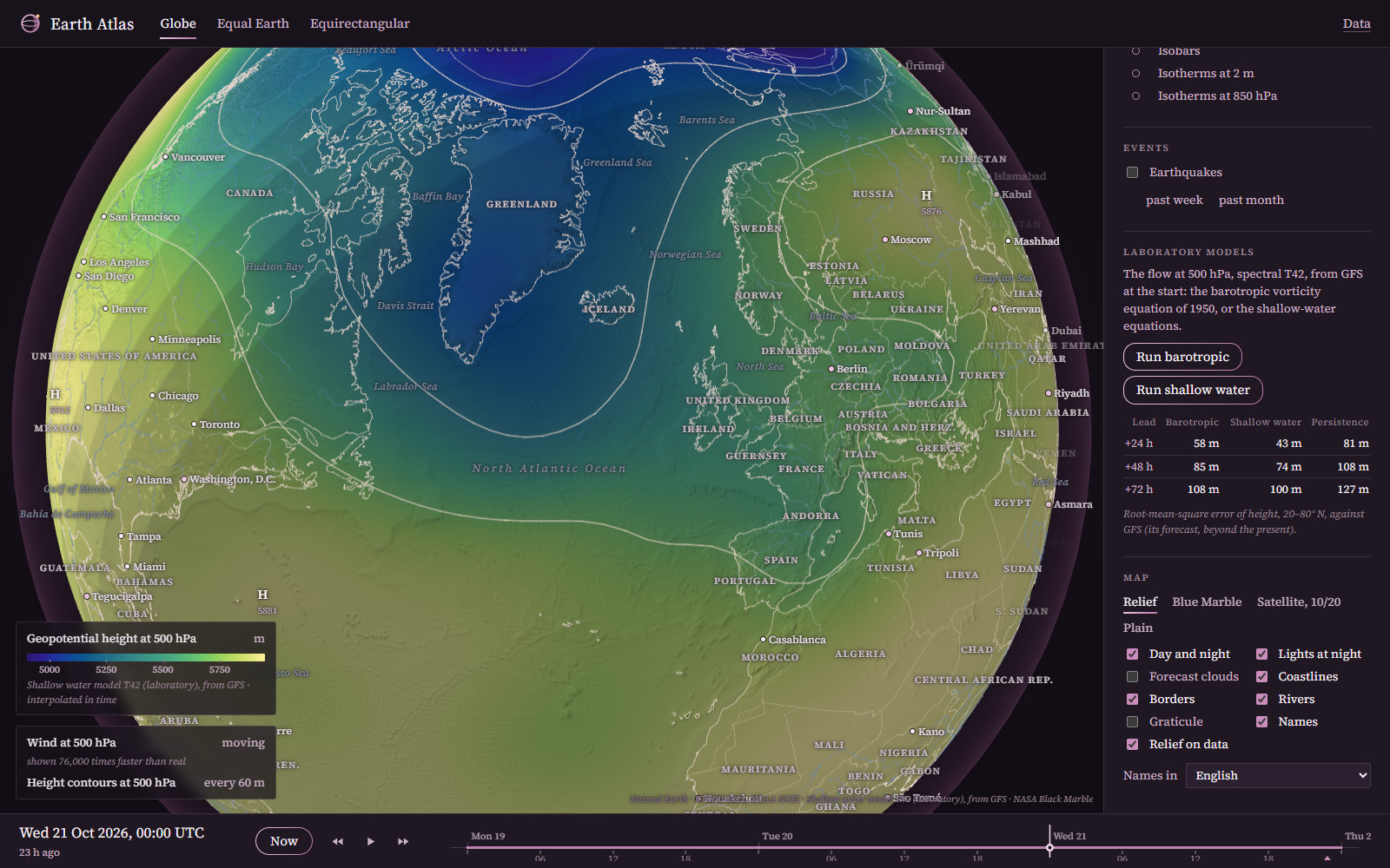 The shallow-water model's 500 hPa heights after 48 hours, with its verification table