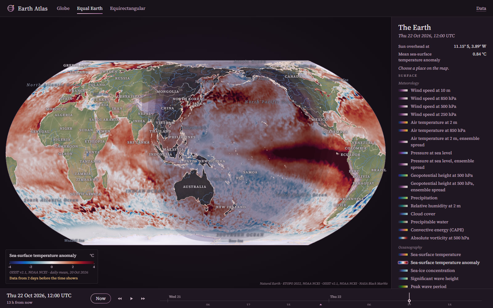 Sea-surface temperature anomaly on the Equal Earth projection