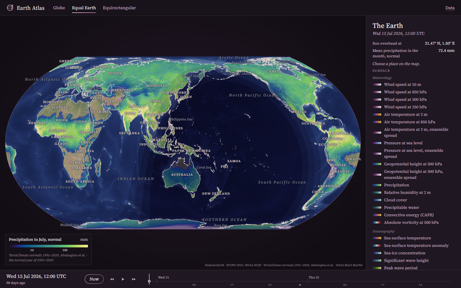 July precipitation normal on the Equal Earth projection