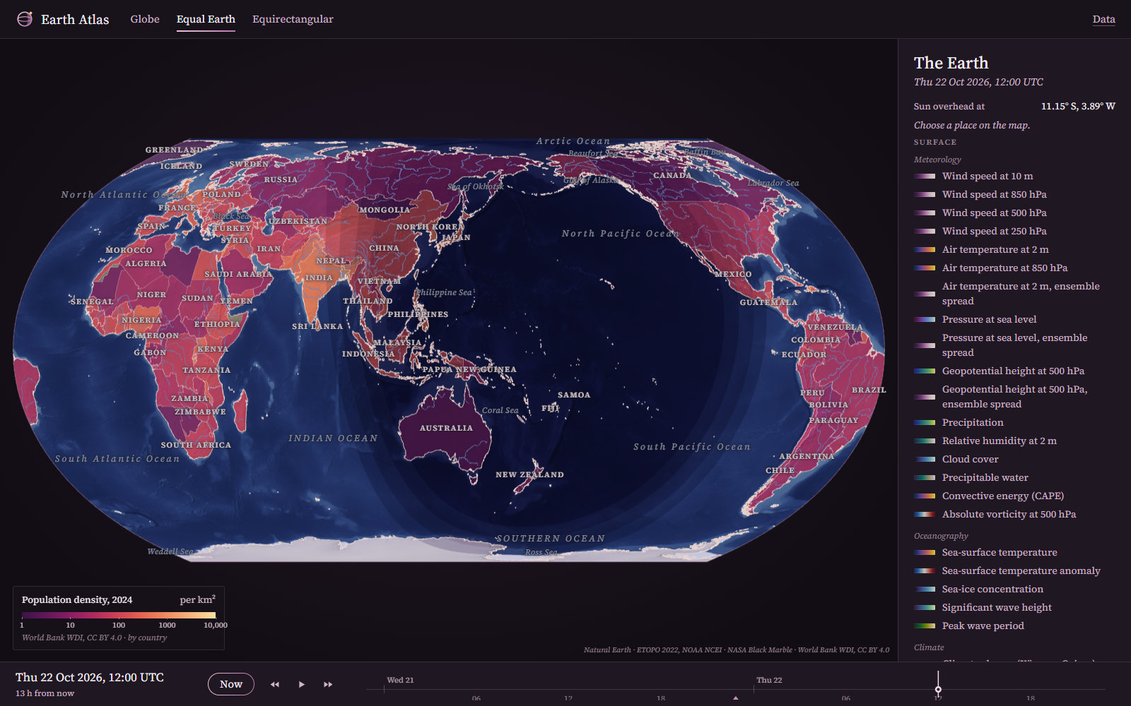 Population density by country on the Equal Earth projection