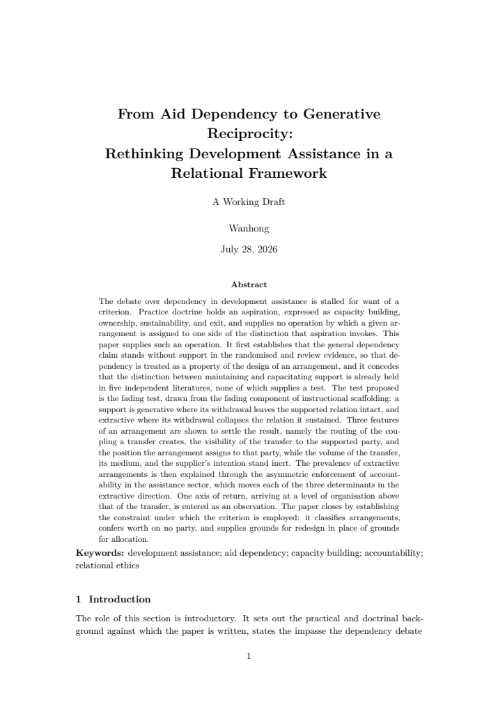 From Aid Dependency to Generative Reciprocity: Rethinking Development Assistance in a Relational Framework の実際の第1頁
