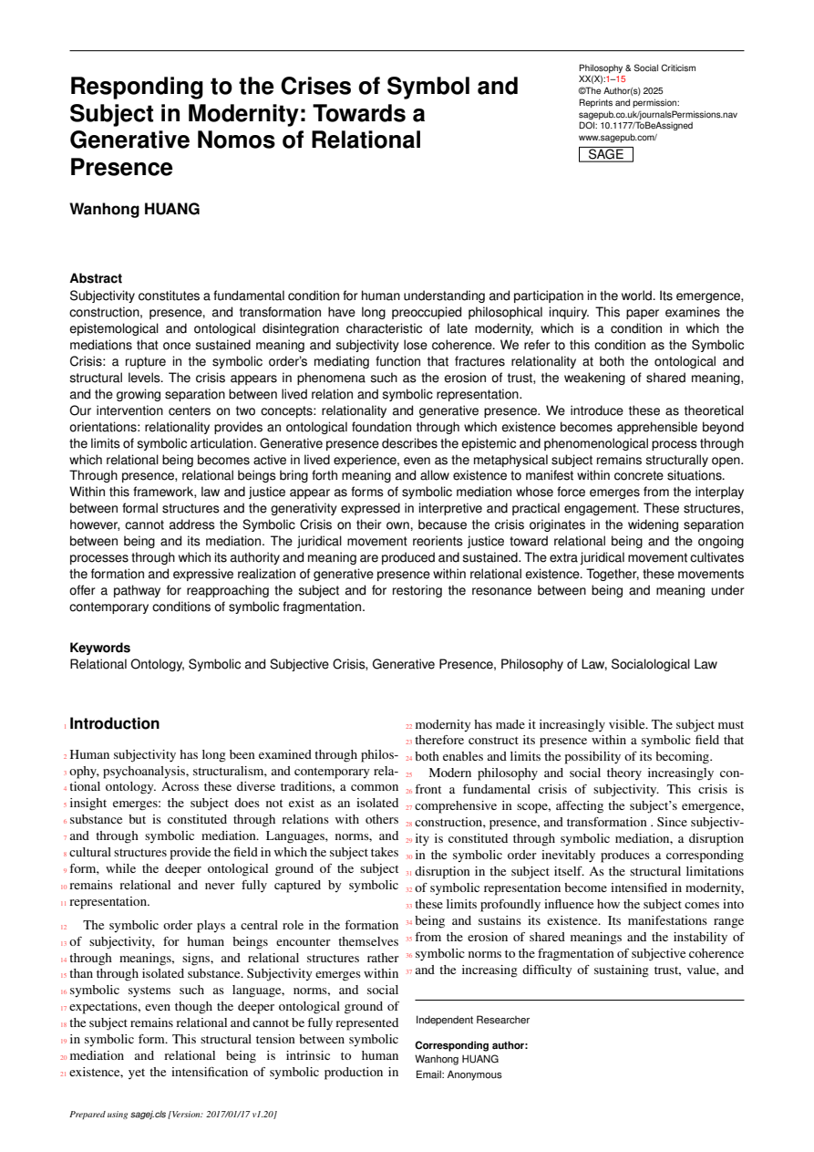 Responding to the Crises of Symbol and Subject in Modernity: Towards a Generative Nomos of Relational Presence の実際の第1頁