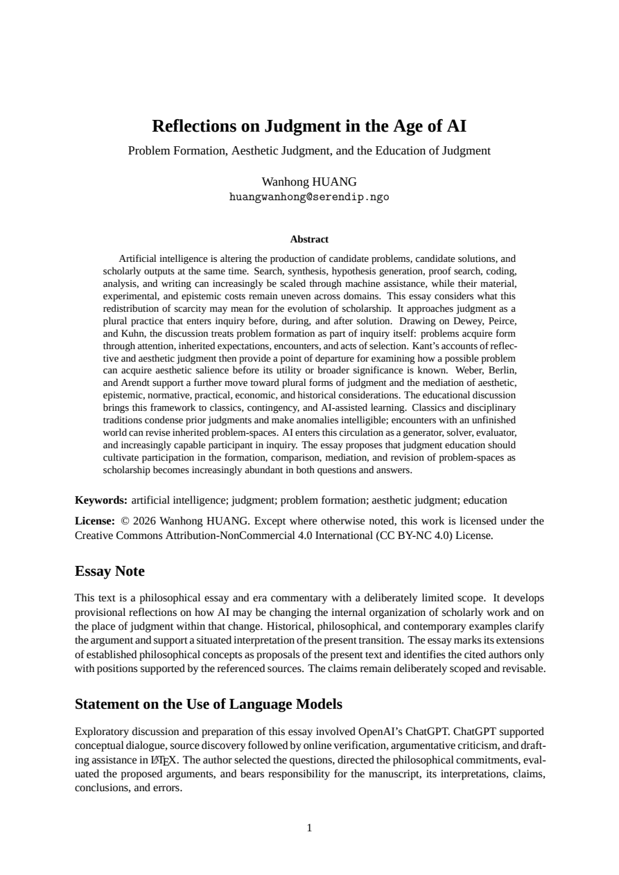 Reflections on Judgment in the Age of AI: Problem Formation, Aesthetic Judgment, and the Education of Judgment の実際の第1頁