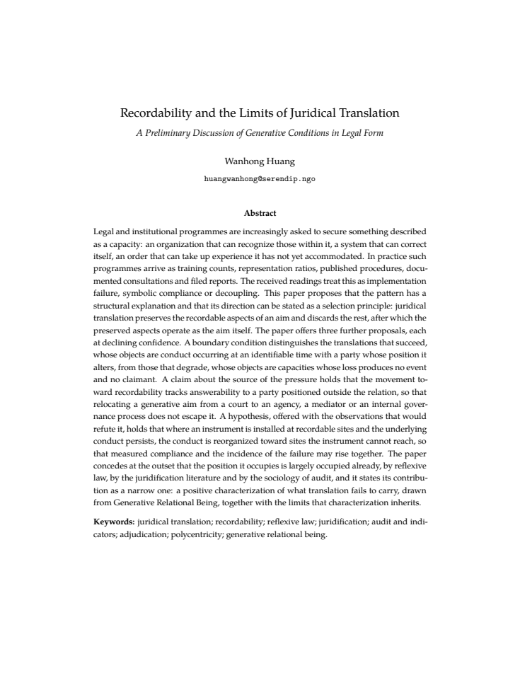 Recordability and the Limits of Juridical Translation: A Preliminary Discussion of Generative Conditions in Legal Form の実際の第1頁