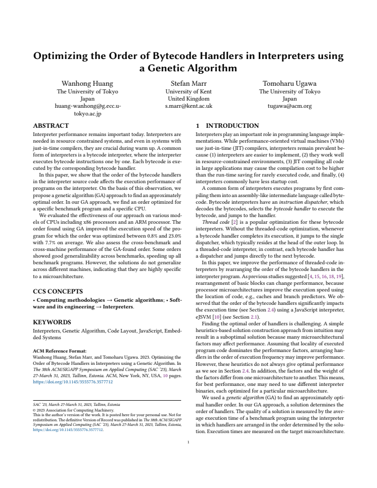 Optimizing the Order of Bytecode Handlers in Interpreters using a Genetic Algorithm の実際の第1頁